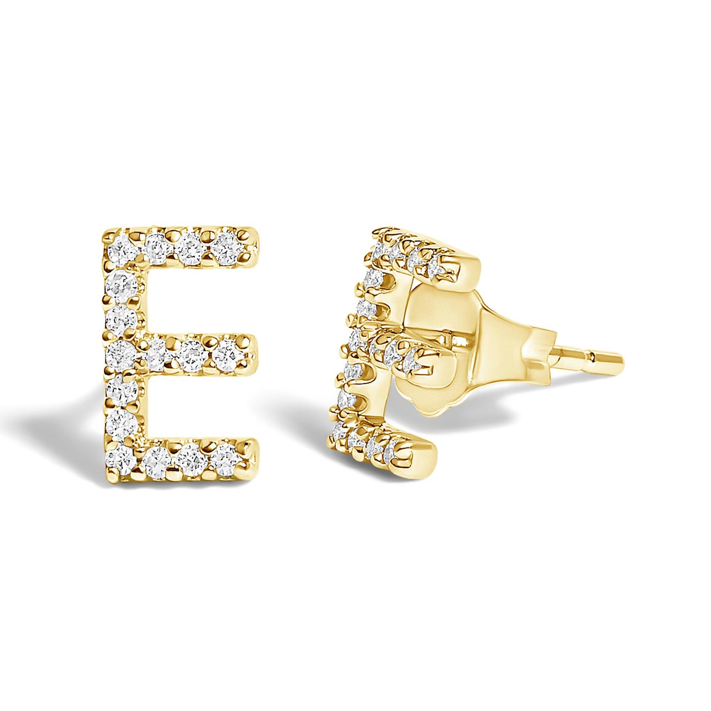 Pair of yellow metal earrings in the shape of the letter E, set with round white gemstones, shown from front and side angles on a white background.