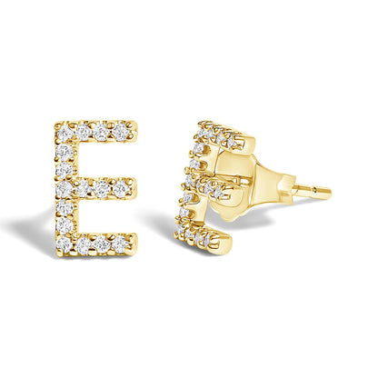Pair of yellow metal earrings in the shape of the letter E, set with round white gemstones, shown from front and side angles on a white background.