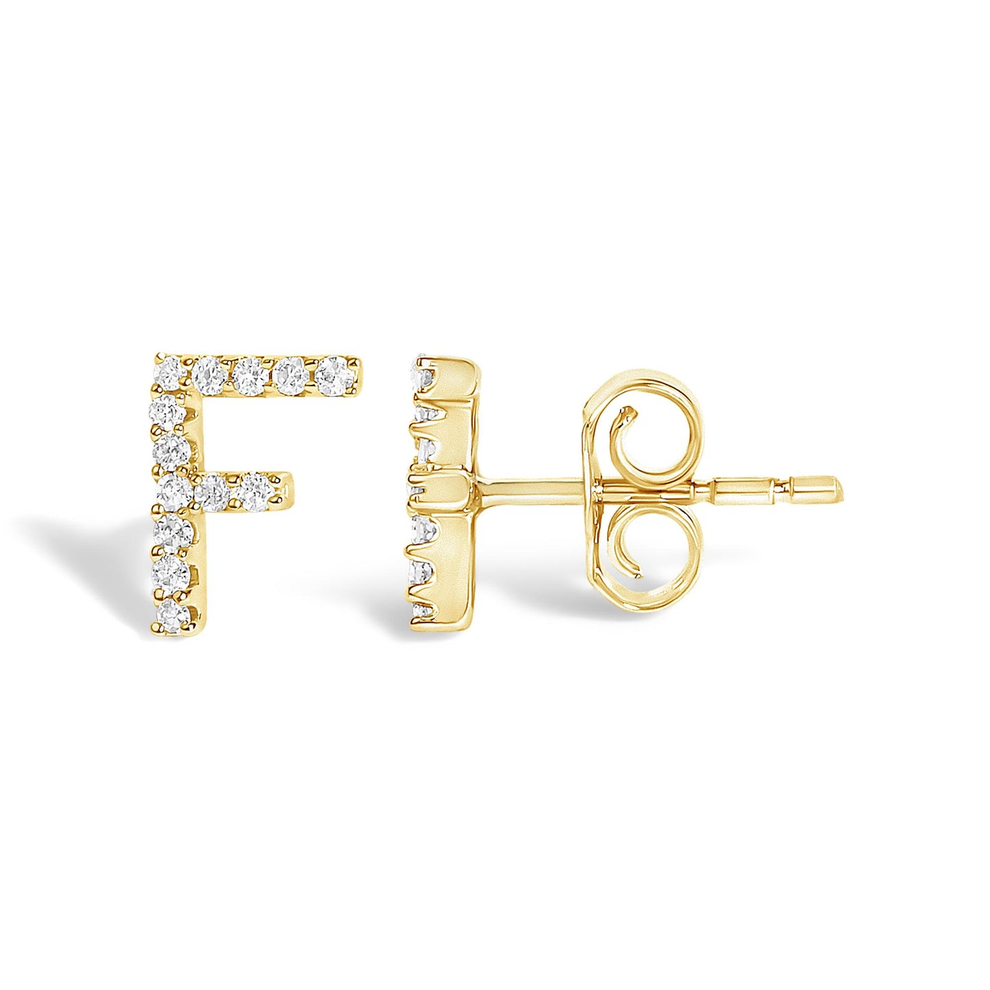Close-up front and side view of a yellow metal earring shaped like the letter F, set with multiple small round white gemstones in a micro-pave setting, shown on a white background.