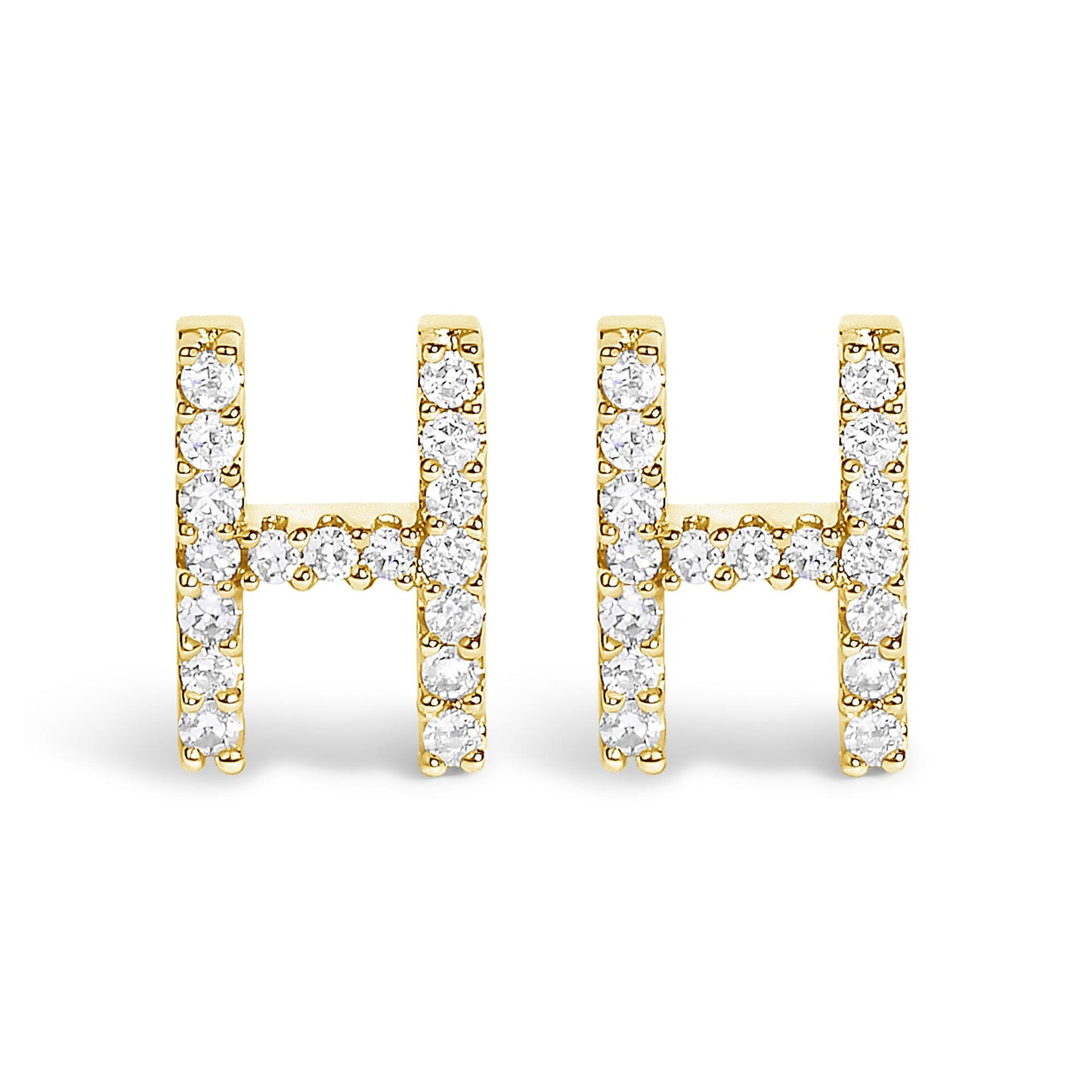 Front view of a pair of yellow metal earrings shaped like the letter H, each adorned with round white gemstones in a micro-pave setting.
