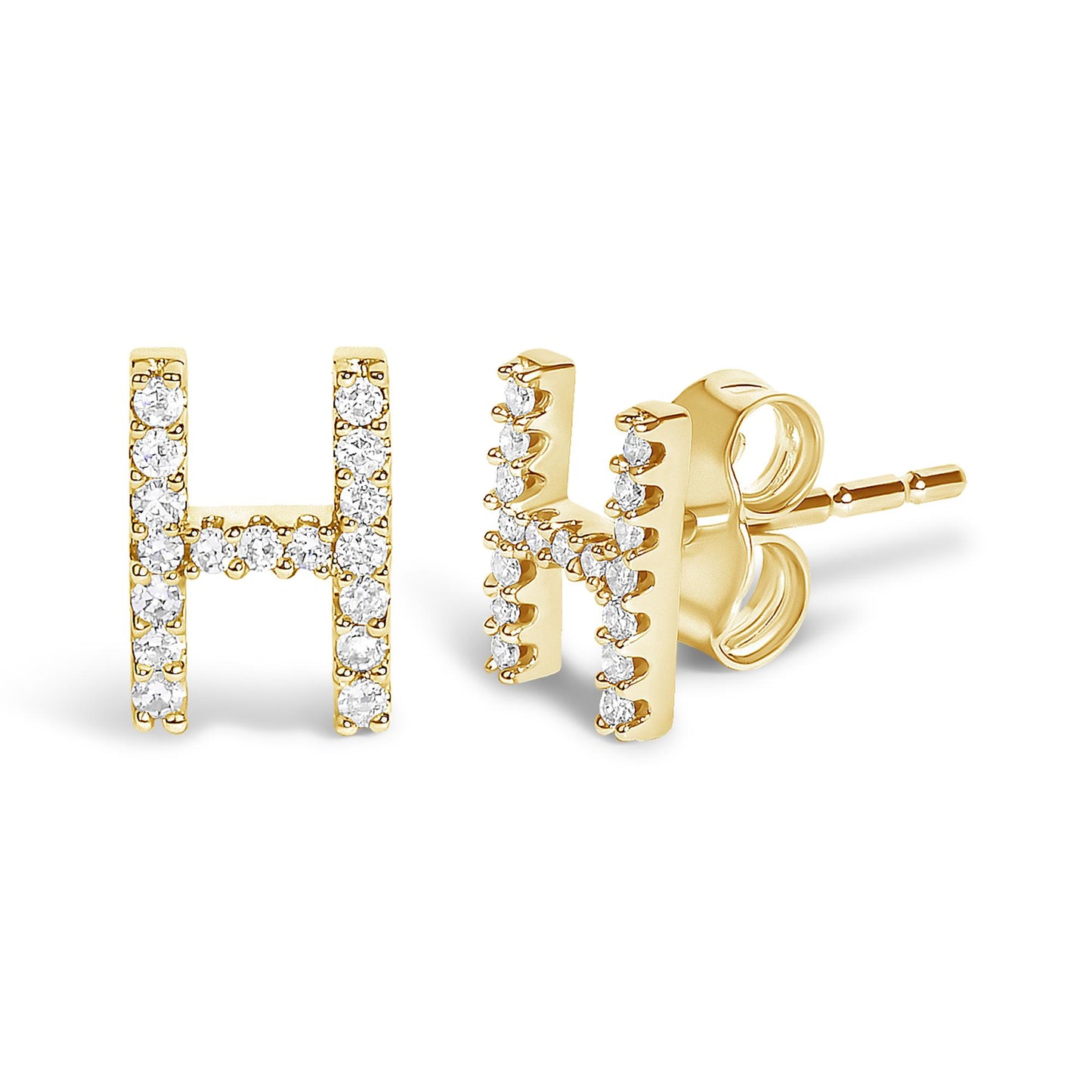 Pair of yellow metal stud earrings shaped like the letter H, set with small round white gemstones in a micro-pave setting, shown from the front and side angles on a white background.