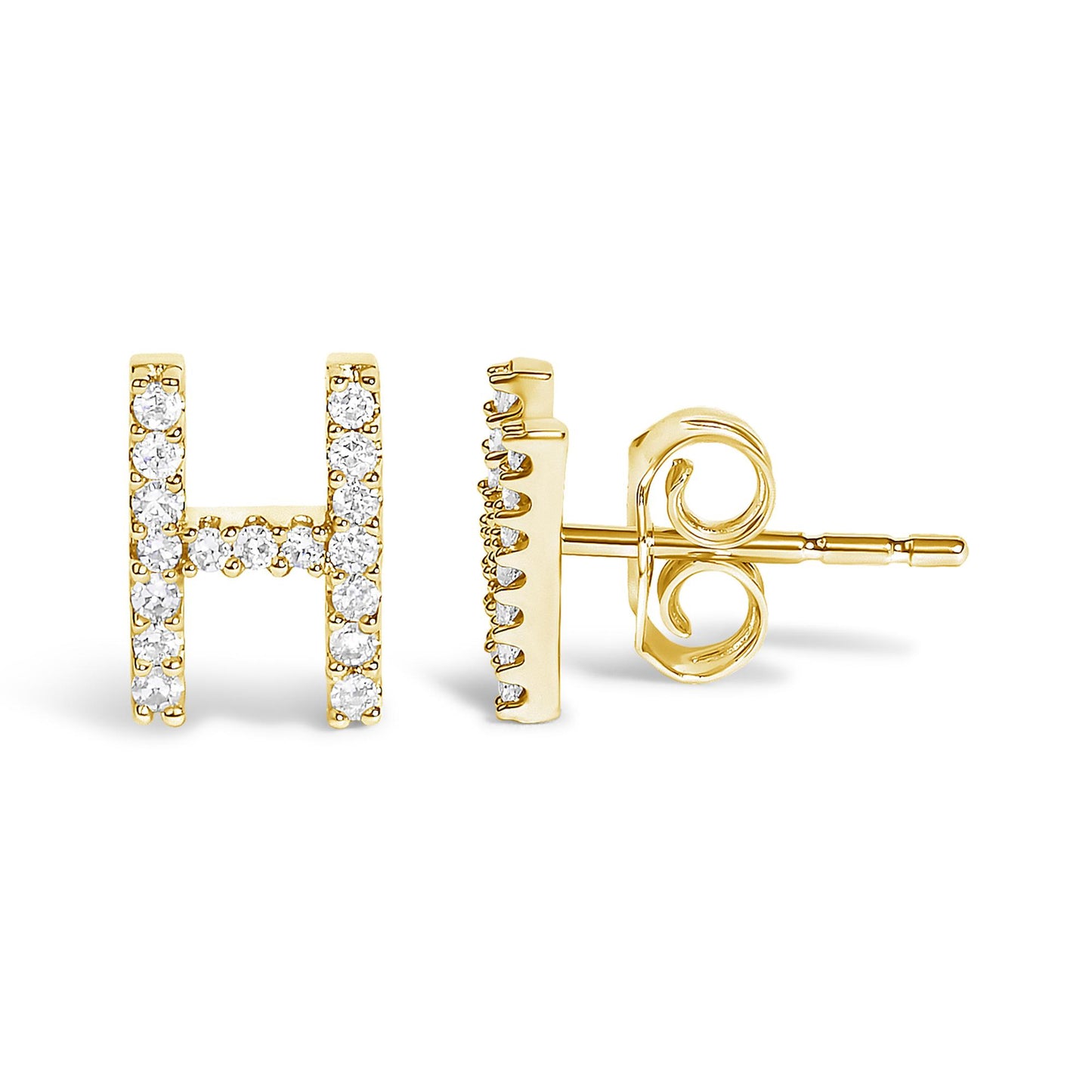 Pair of yellow metal stud earrings shaped like the letter H, adorned with round white gemstones in a micro-pave setting, shown from front and side angles on a white background.