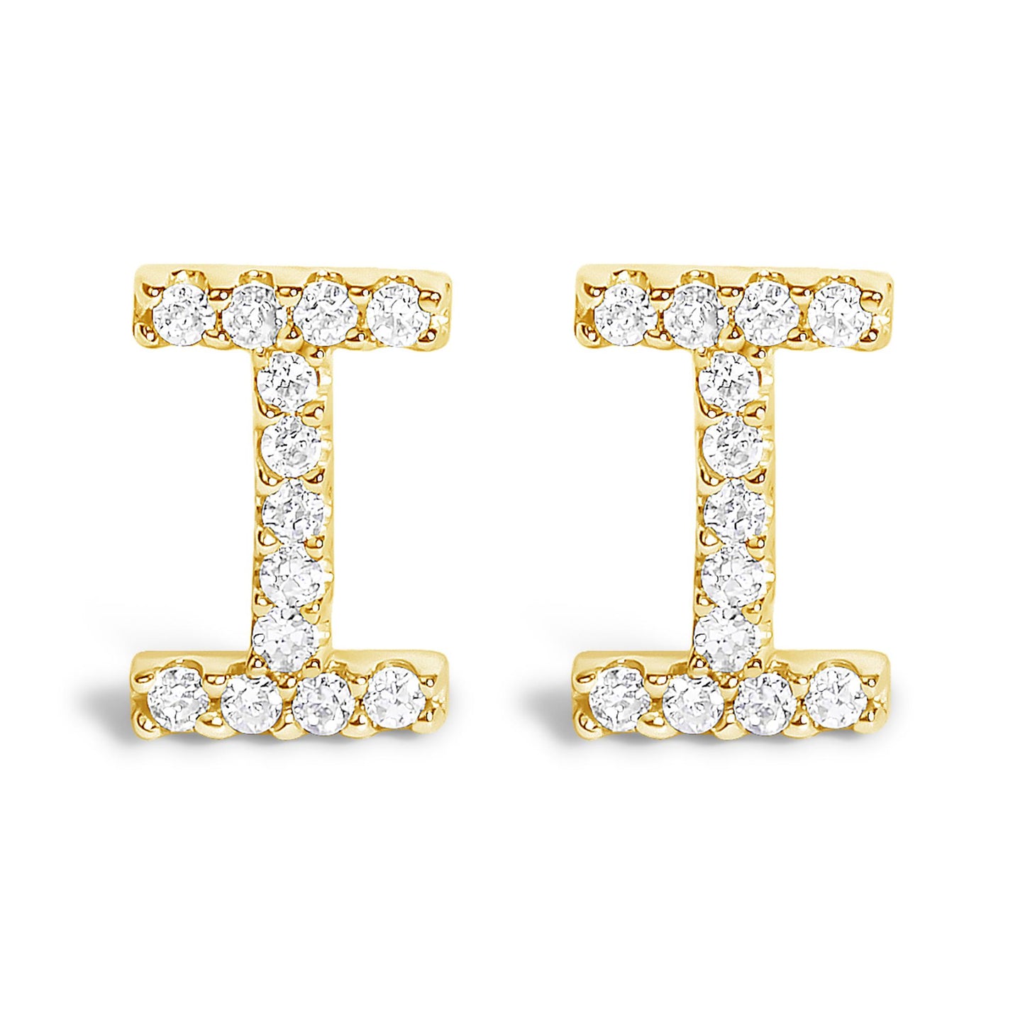 Front view of a pair of yellow metal earrings shaped like the letter 'I,' each adorned with multiple round white gemstones in a micro-pave setting.