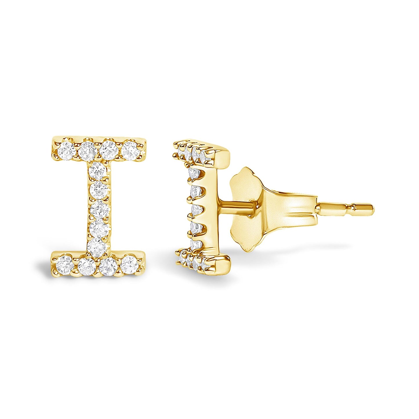Close-up front and side view of a yellow metal bar-shaped earring with round white gemstones in micro-pave setting, shown on a white background.