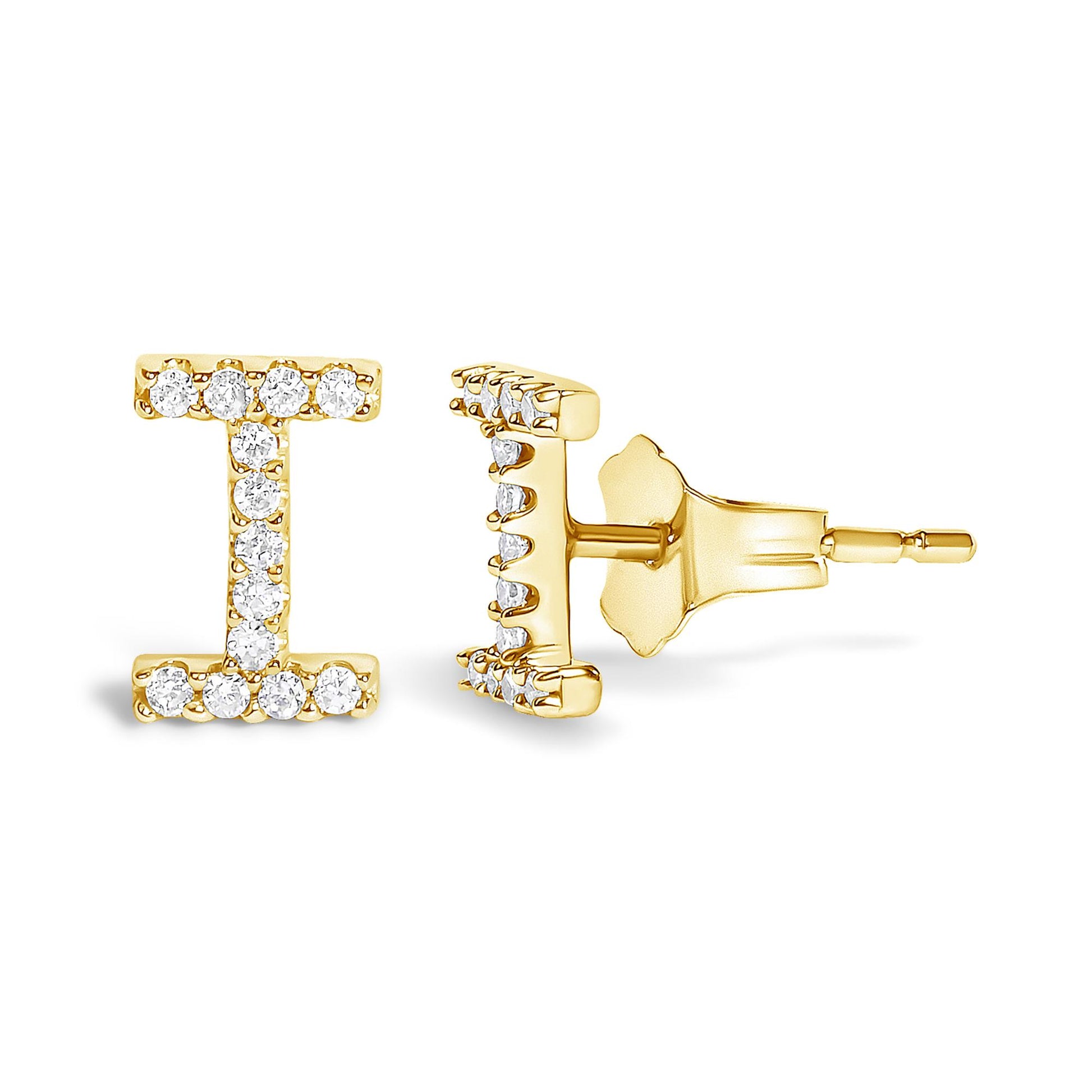 Close-up front and side view of a yellow metal bar-shaped earring with round white gemstones in micro-pave setting, shown on a white background.