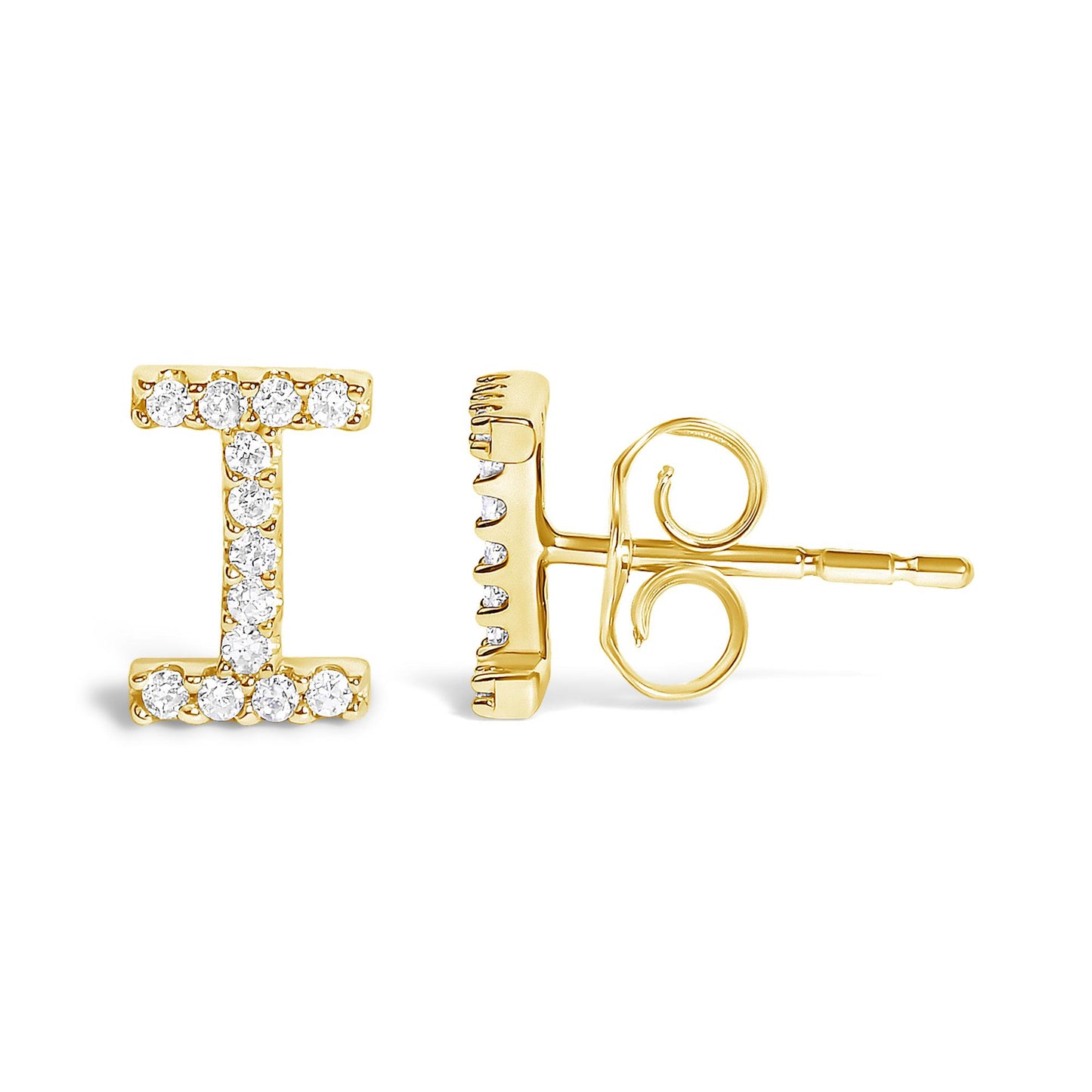 Pair of yellow metal stud earrings with an I-shaped design, each set with round white gemstones in a micro-pave setting, shown from front and side angles on a white background.