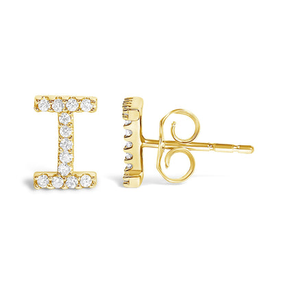 Pair of yellow metal stud earrings with an I-shaped design, each set with round white gemstones in a micro-pave setting, shown from front and side angles on a white background.