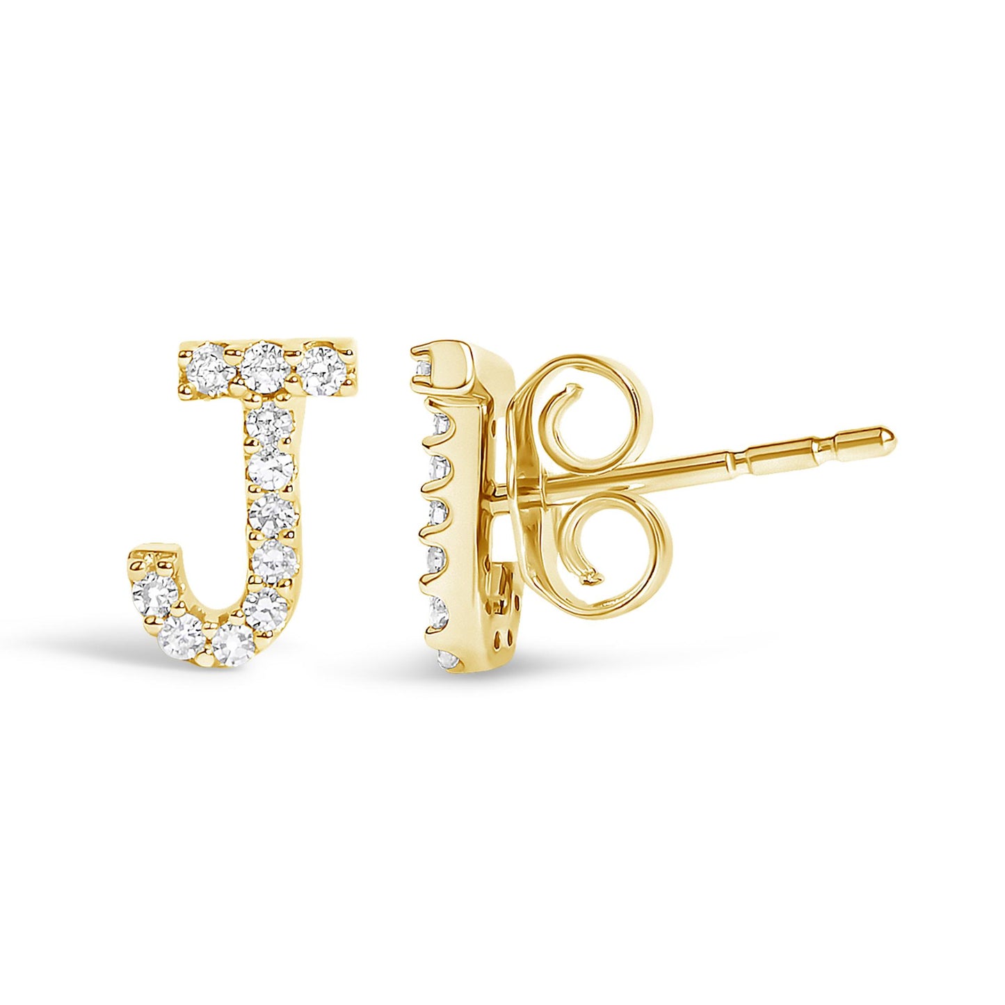 Front and side view of a yellow metal stud earring shaped like the letter J, accented with small white gemstones in a micro-pave setting.