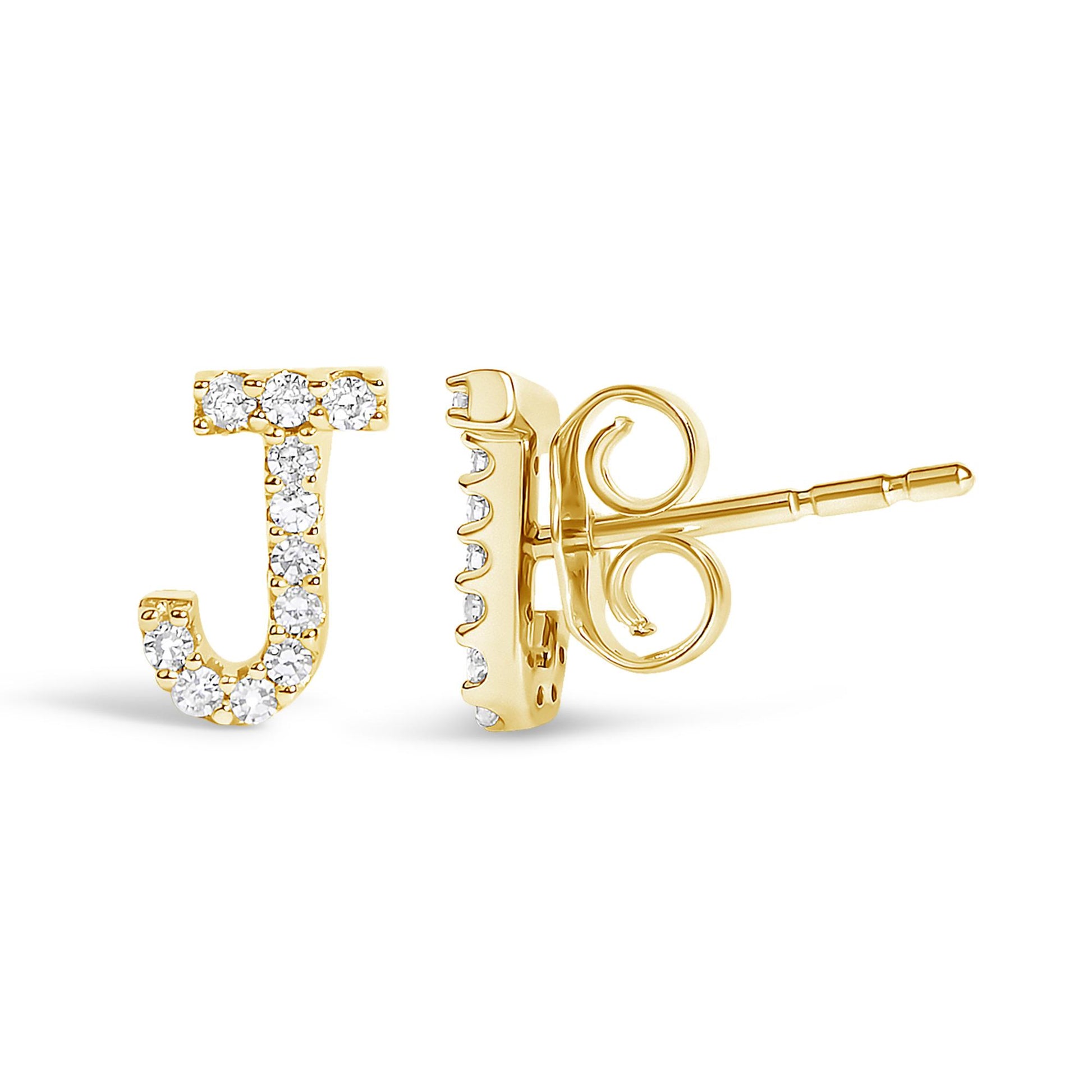 Front and side view of a yellow metal stud earring shaped like the letter J, accented with small white gemstones in a micro-pave setting.