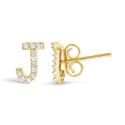 Front and side view of a yellow metal stud earring shaped like the letter J, accented with small white gemstones in a micro-pave setting.