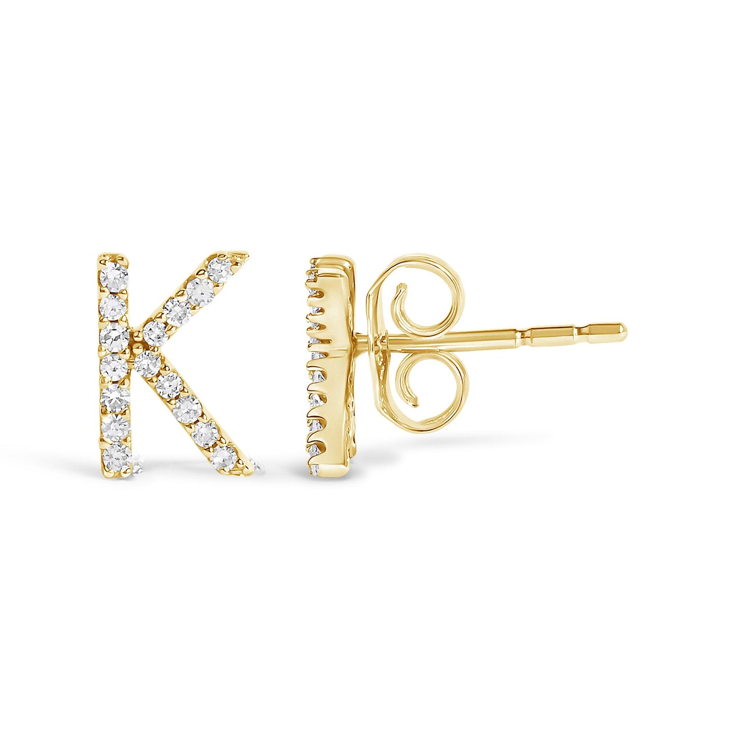 Close-up image of a yellow metal stud earring shaped like the letter K, adorned with small white gemstones in a micro-pave setting, shown from the front and side angles.