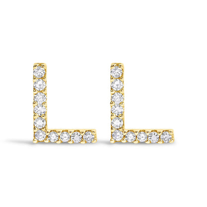 Front view of yellow metal L-shaped earrings with round white gemstones in a micro-pave setting.
