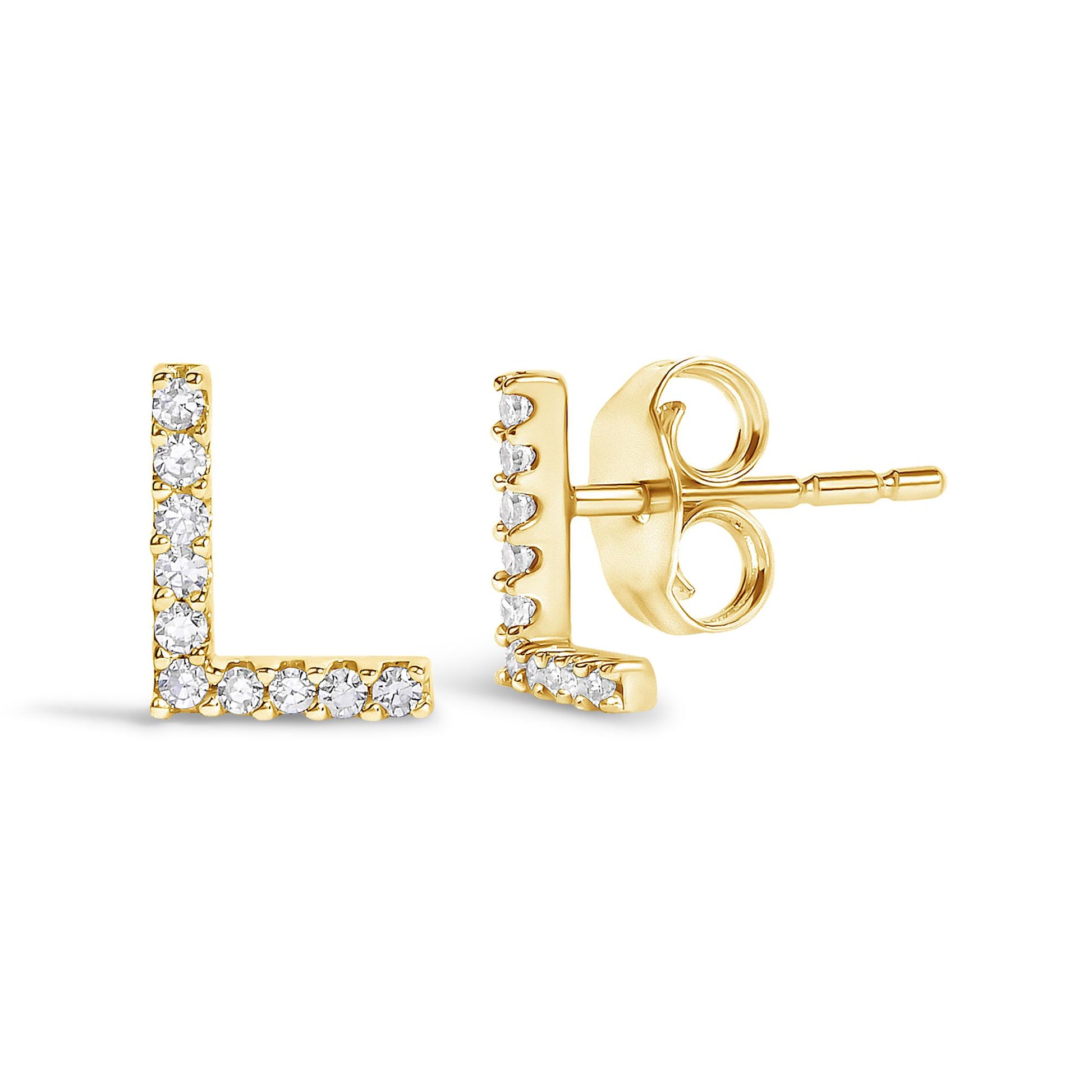 Close-up image of yellow metal L-shaped earrings with round white gemstones set in a micro-pave style, shown from the front and side angles on a white background.