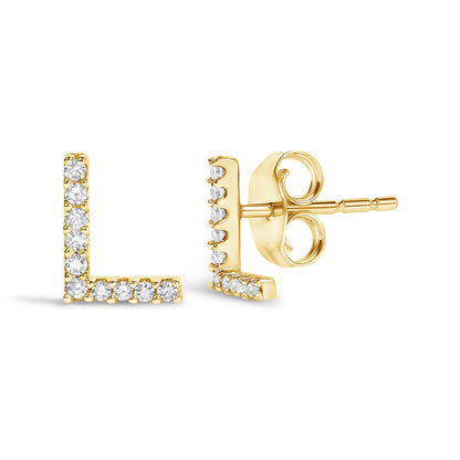 Close-up image of yellow metal L-shaped earrings with round white gemstones set in a micro-pave style, shown from the front and side angles on a white background.