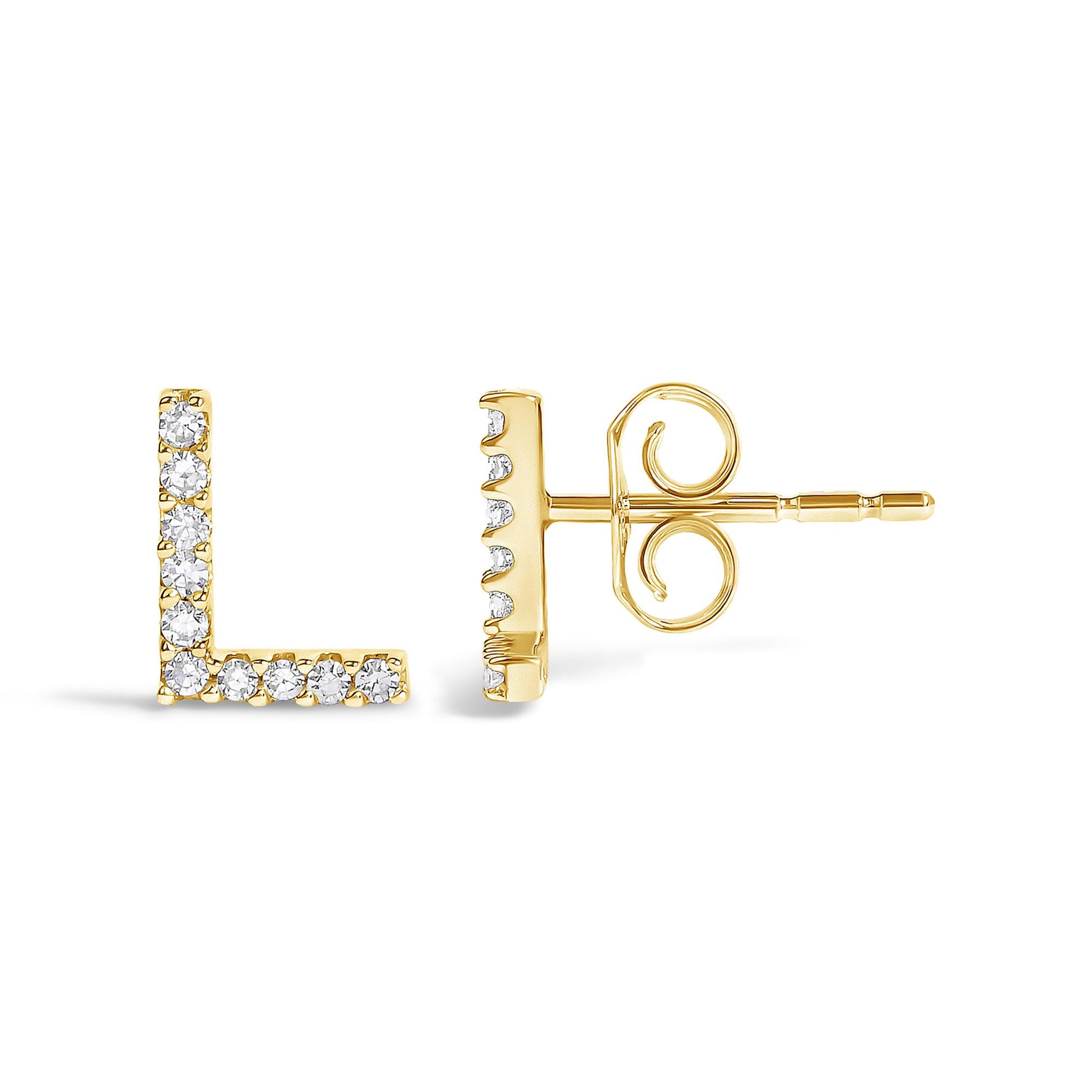 Close-up front and side view of yellow metal L-shaped stud earrings adorned with round white gemstones in micro-pave setting, shown on a white background.