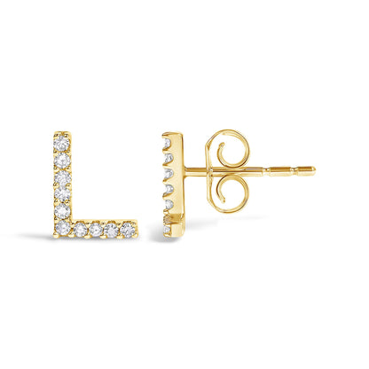 Close-up front and side view of yellow metal L-shaped stud earrings adorned with round white gemstones in micro-pave setting, shown on a white background.