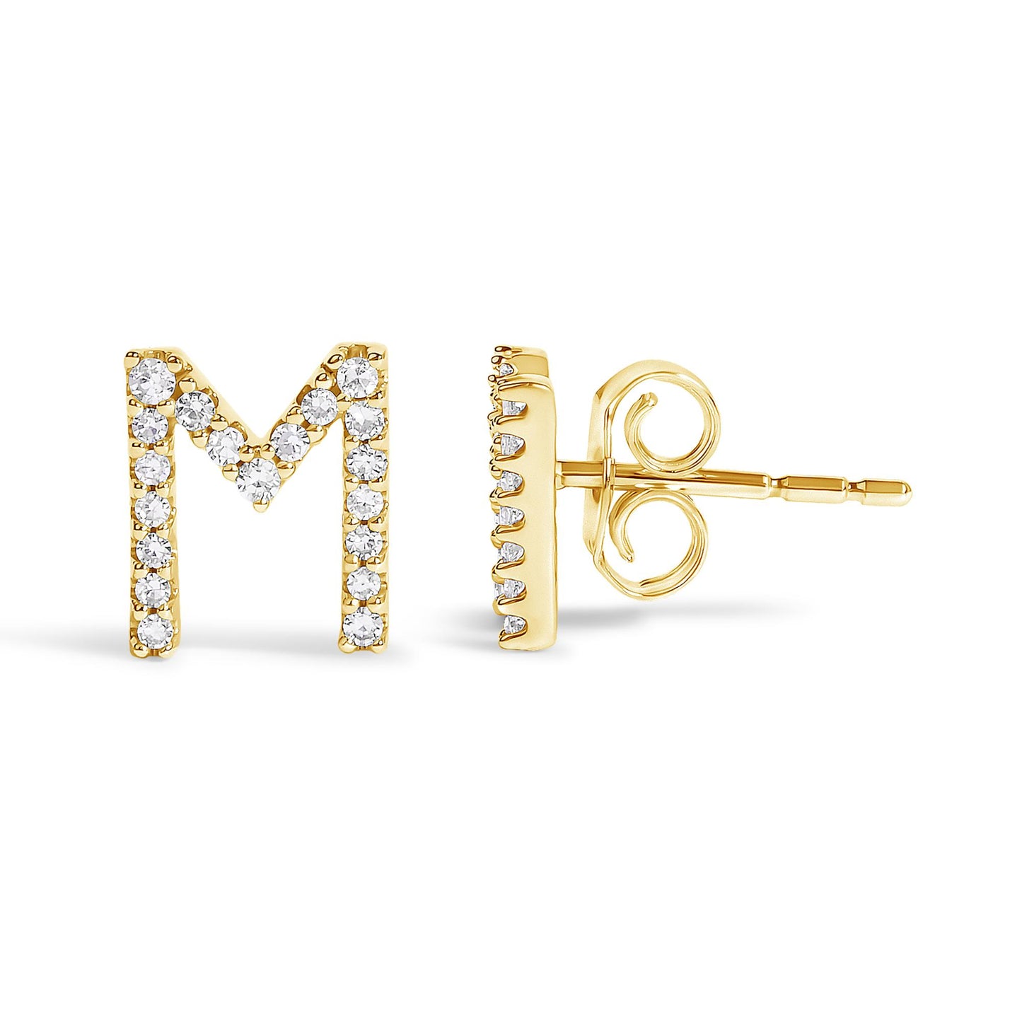Front and side view of yellow metal stud earring shaped like letter M adorned with round white gemstones in micro-pave setting, shown on a white background.
