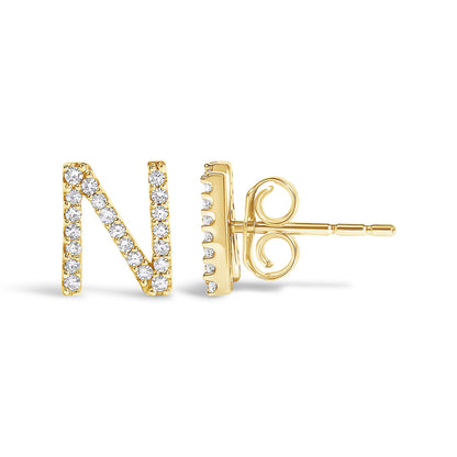 Close-up side angle of a yellow metal stud earring shaped like the letter 'N' with round white gemstones set along the letter, shown on a white background.