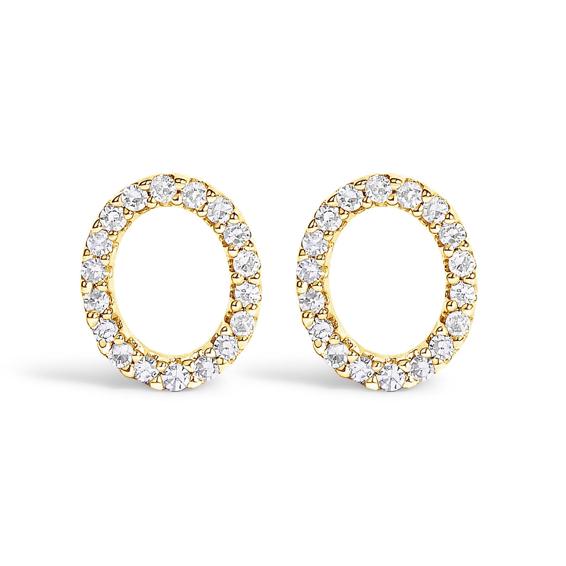 Front view of a pair of yellow metal oval-shaped earrings with round white gemstones in a micro-pave setting encircling the edges, displayed on a white background.