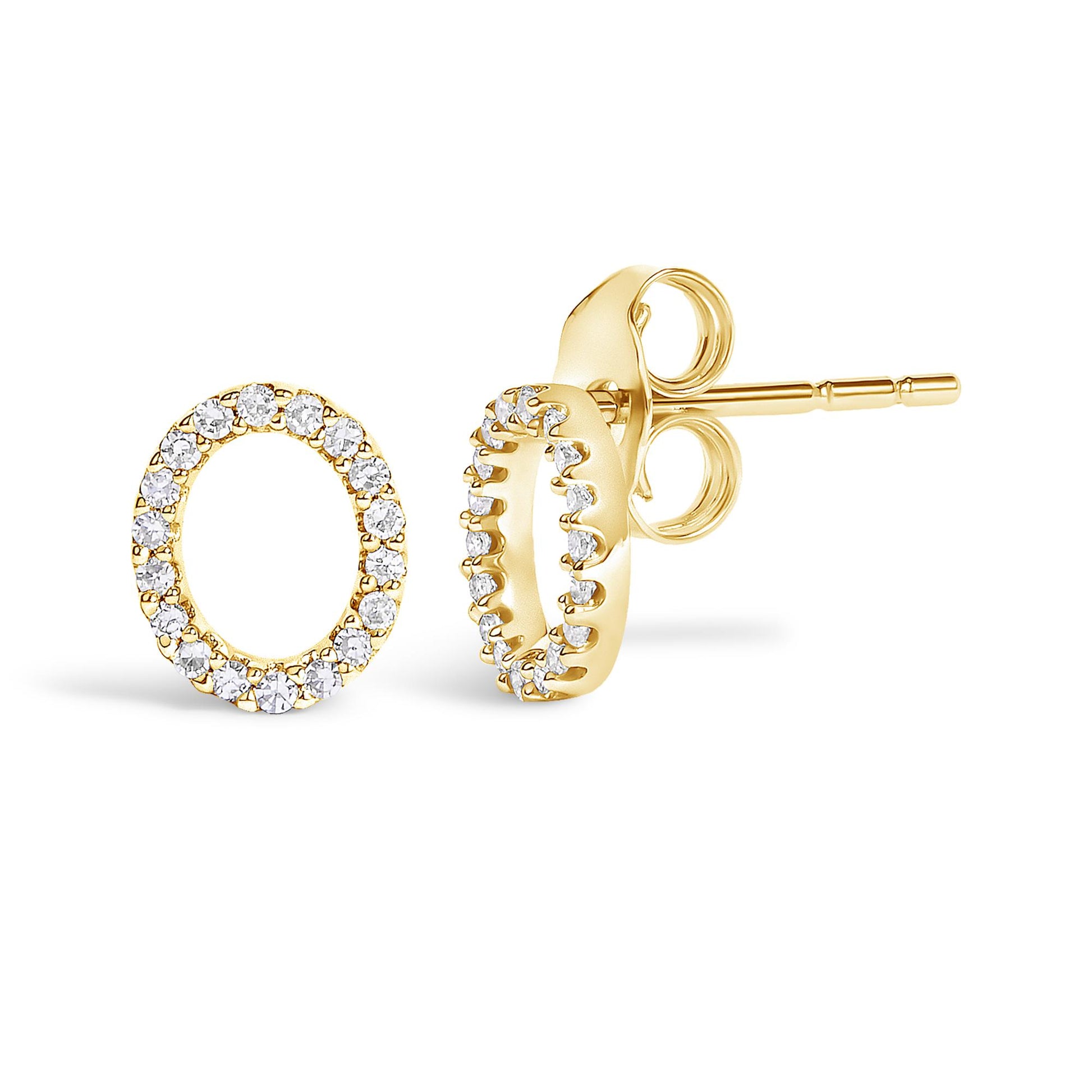 Close-up front and side view of yellow metal round hoop stud earrings with micro-pave set white gemstones, shown on a white background.