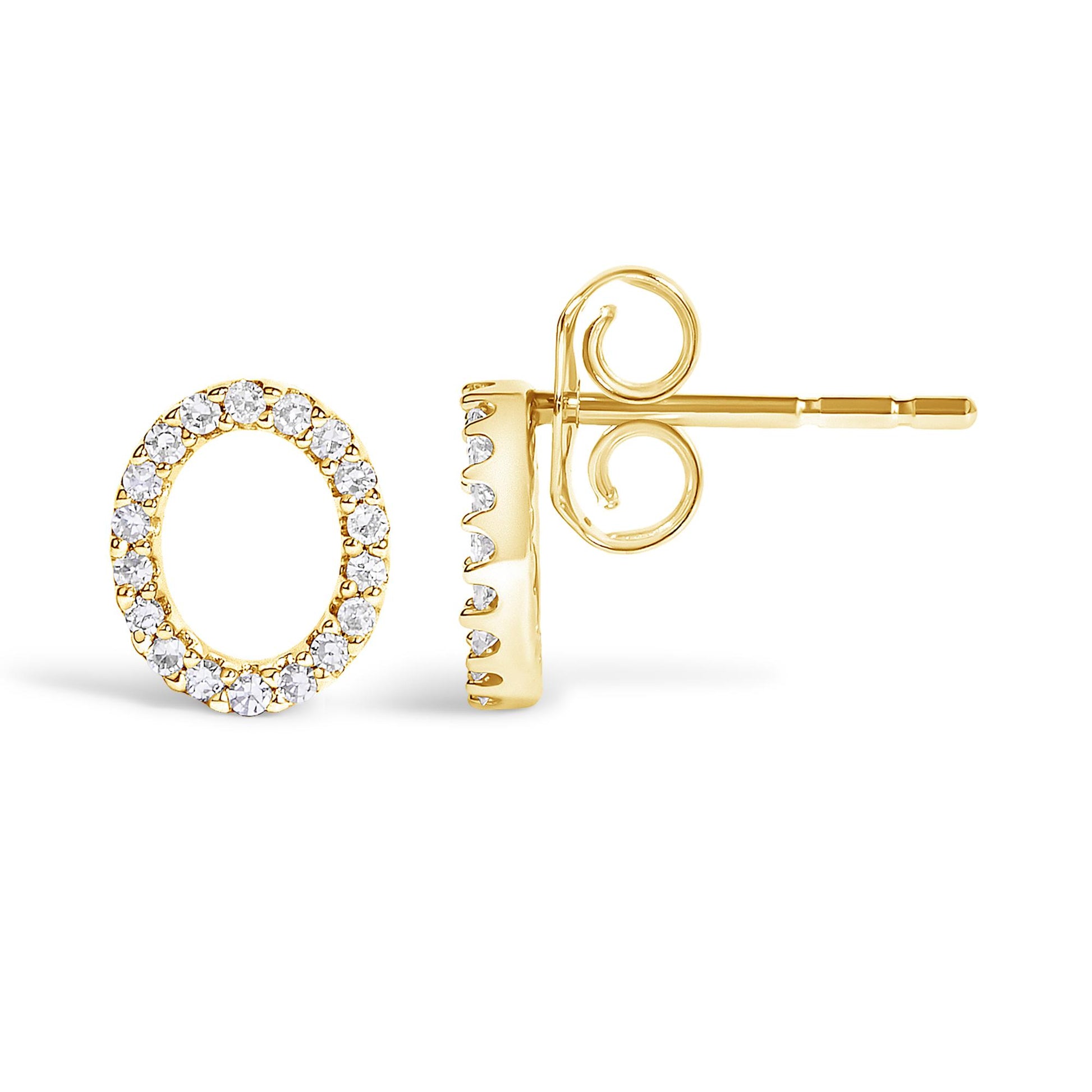 Close-up front and side views of a pair of yellow metal oval hoop stud earrings, adorned with white round gemstones in micro-pave setting.
