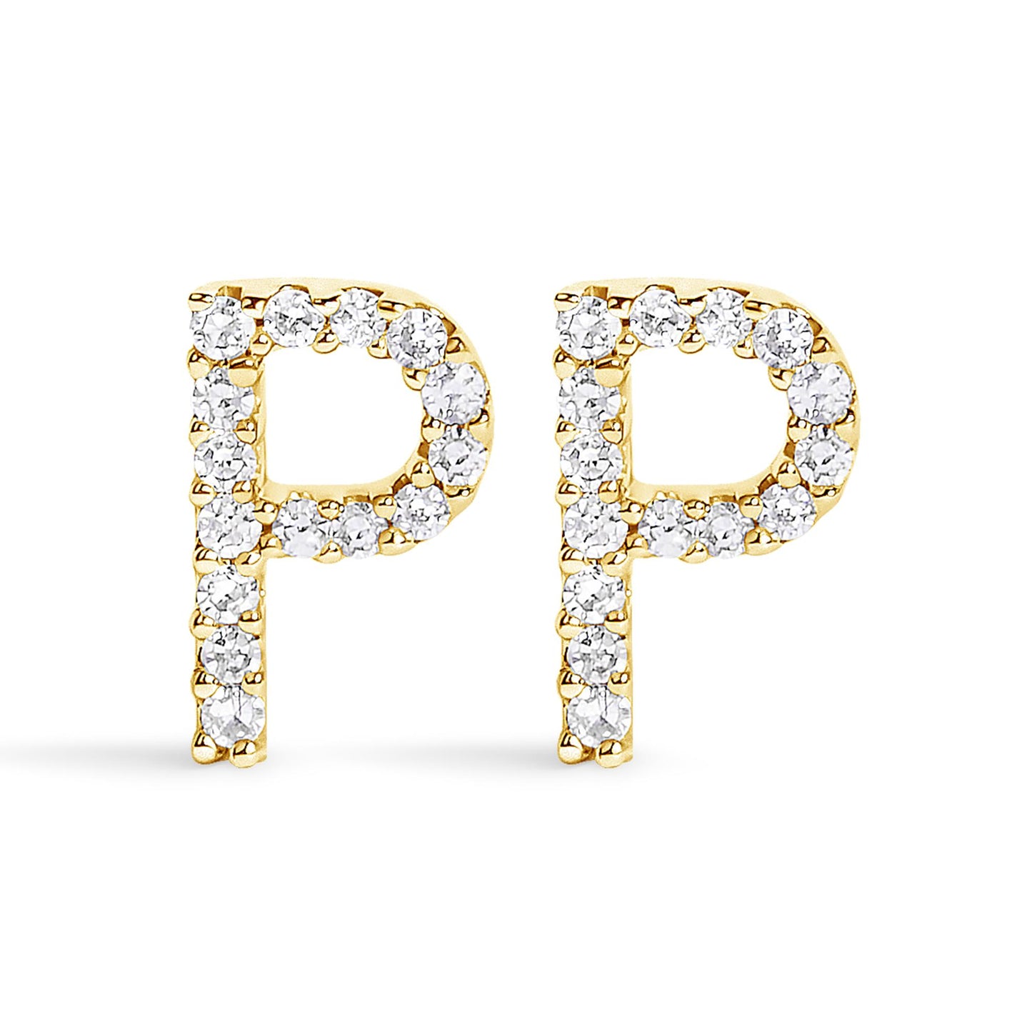 Front view of yellow metal earrings shaped like the letter P, adorned with small white round gemstones in a micro-pave setting, shown on a white background.