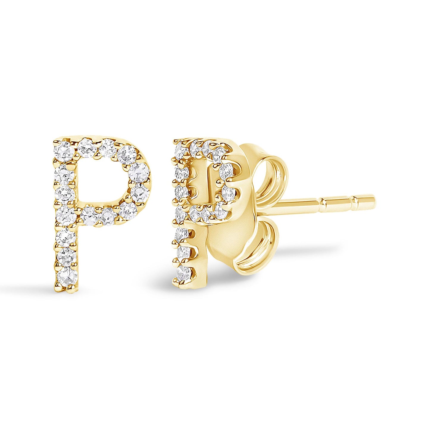 Pair of yellow metal stud earrings shaped like the letter 'P,' accented with small white gemstones in a micro-pave setting, shown in a close-up front and side angle.