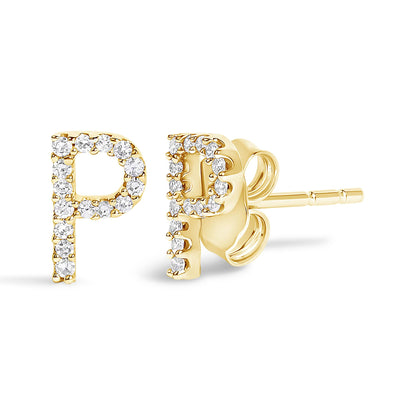 Pair of yellow metal stud earrings shaped like the letter 'P,' accented with small white gemstones in a micro-pave setting, shown in a close-up front and side angle.