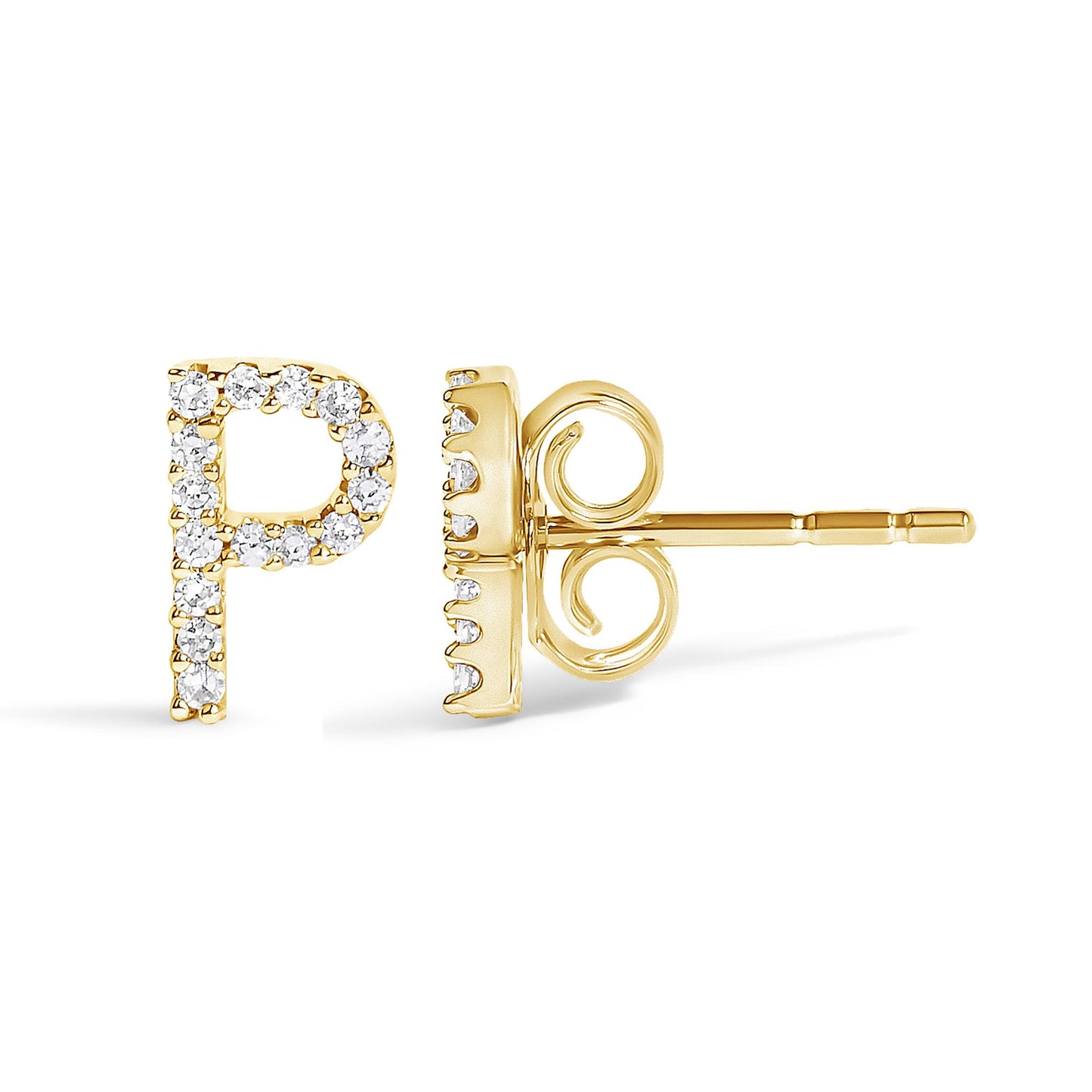 Close-up front and side view of a yellow metal stud earring in the shape of the letter P, encrusted with small white gemstones in a micro-pave setting.