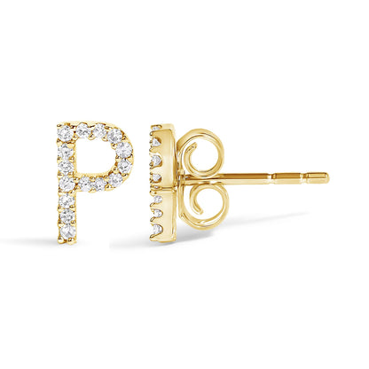Close-up front and side view of a yellow metal stud earring in the shape of the letter P, encrusted with small white gemstones in a micro-pave setting.