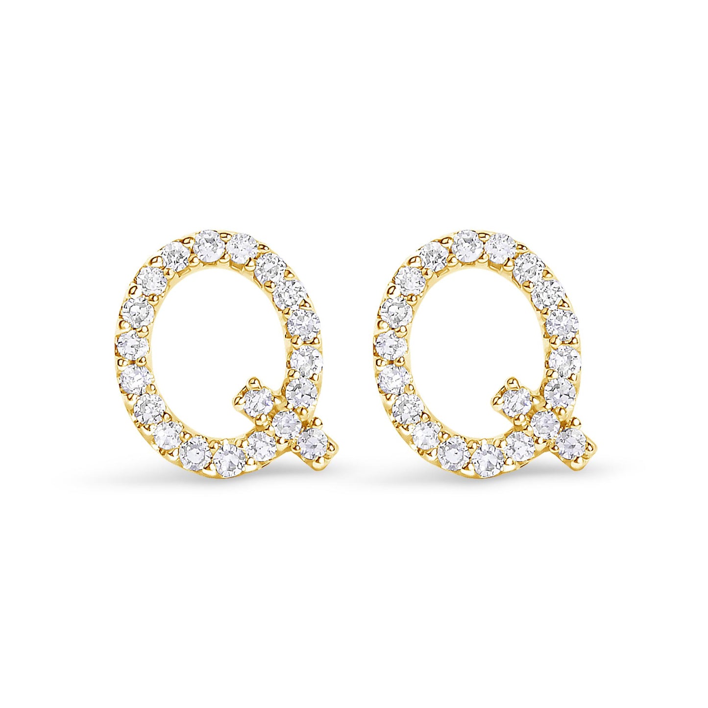 Pair of round yellow metal earrings in a front-facing view, adorned with white round gemstones in a micro-pave setting.