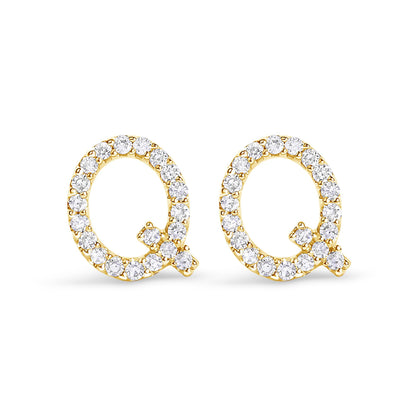 Pair of round yellow metal earrings in a front-facing view, adorned with white round gemstones in a micro-pave setting.