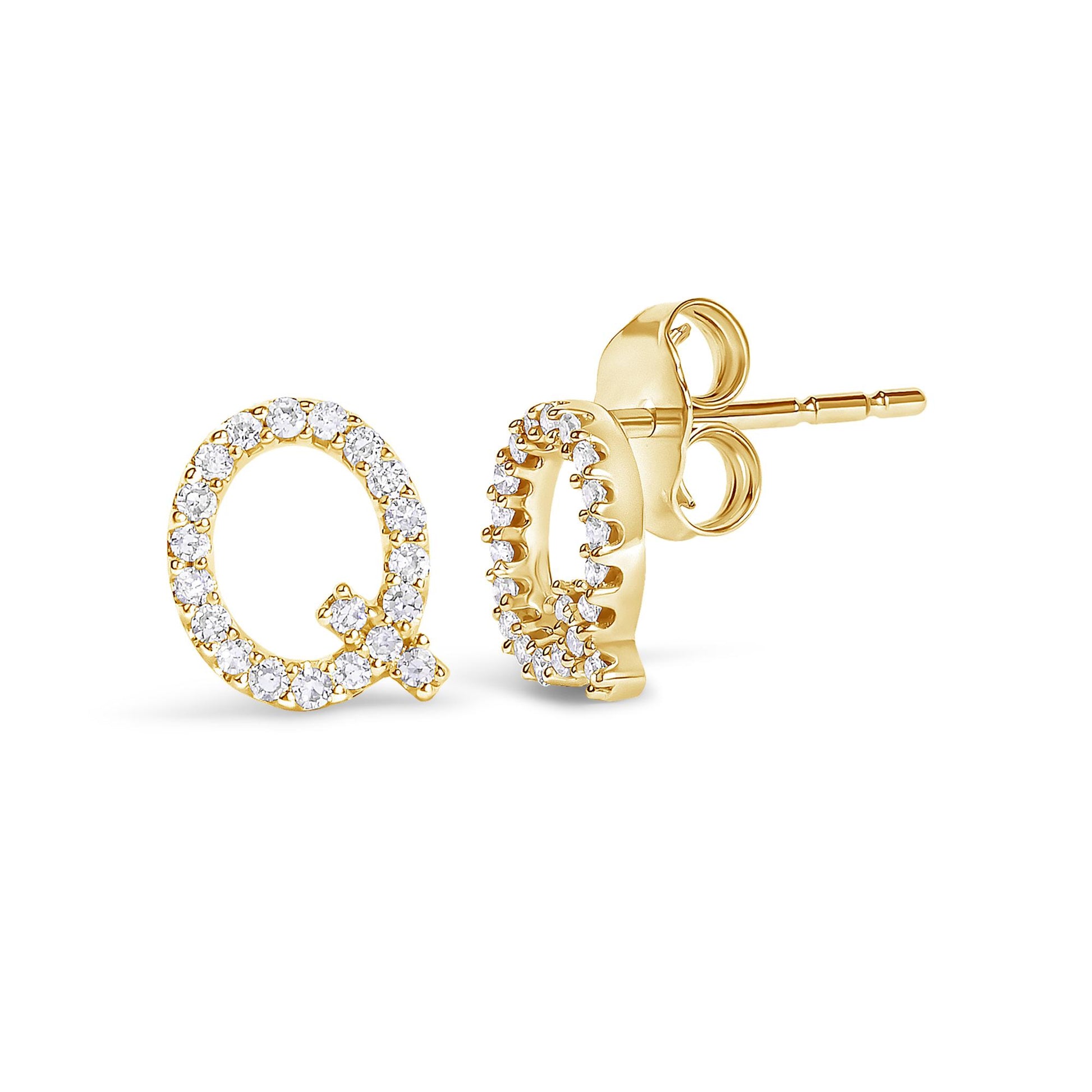 Close-up front and side view of yellow metal stud earrings shaped like the letter Q, set with round white gemstones in a micro-pave setting, shown on a white background.