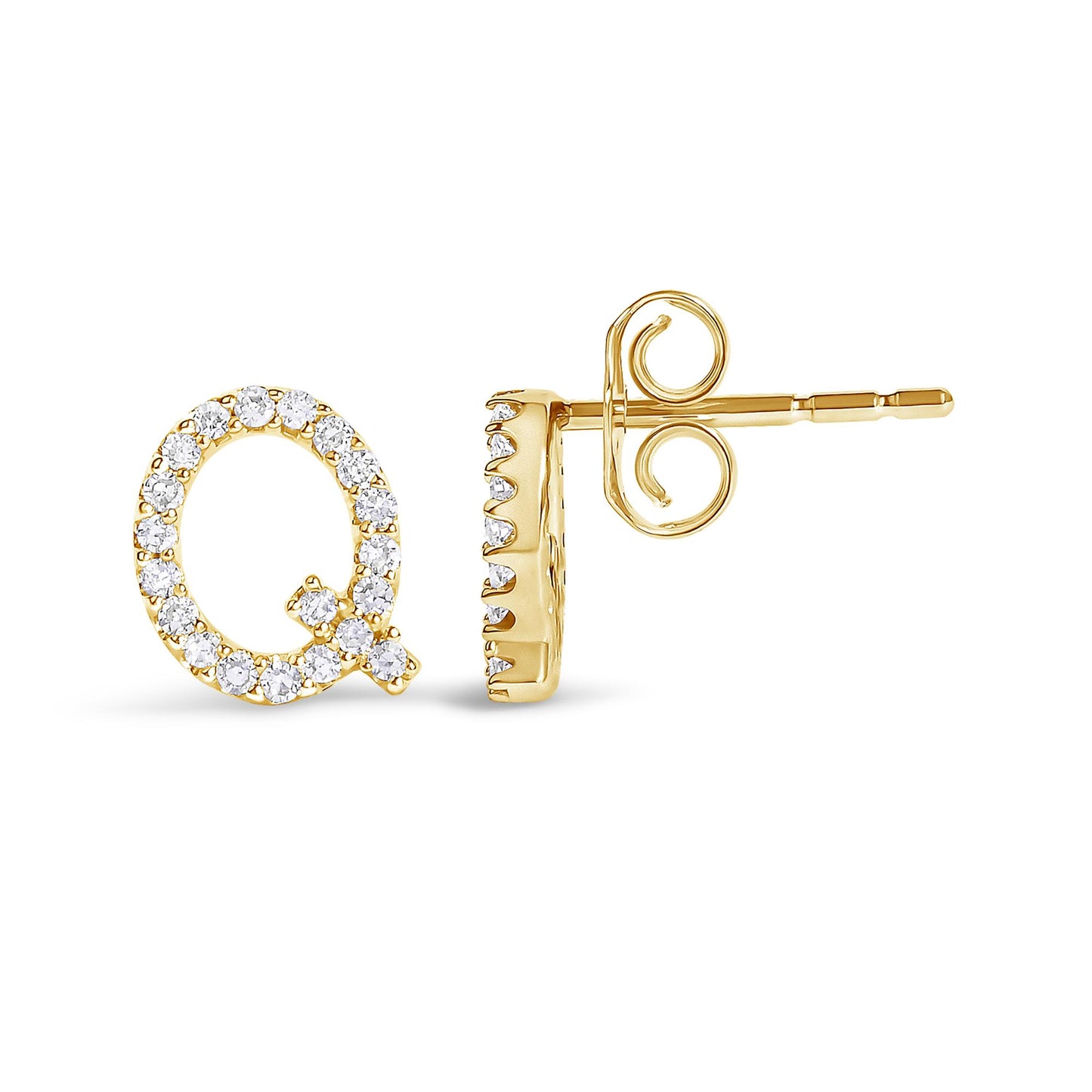 Pair of yellow metal stud earrings shaped like the letter Q, featuring round white gemstones in a micro-pave setting, shown in a side-by-side flat angle view.