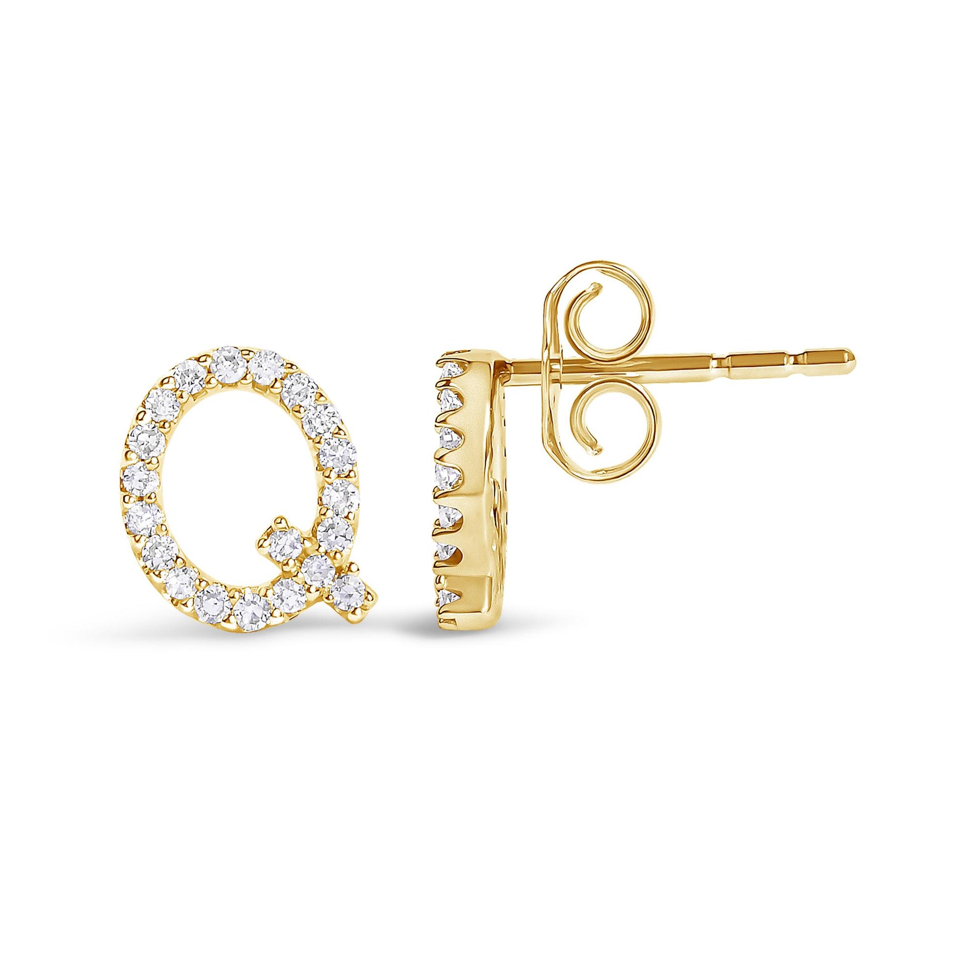 Pair of yellow metal stud earrings shaped like the letter Q, featuring round white gemstones in a micro-pave setting, shown in a side-by-side flat angle view.