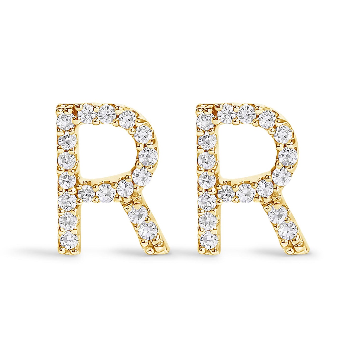 Front-facing close-up of a pair of yellow metal earrings shaped as the letter 'R,' each adorned with white round gemstones in a micro-pave setting.