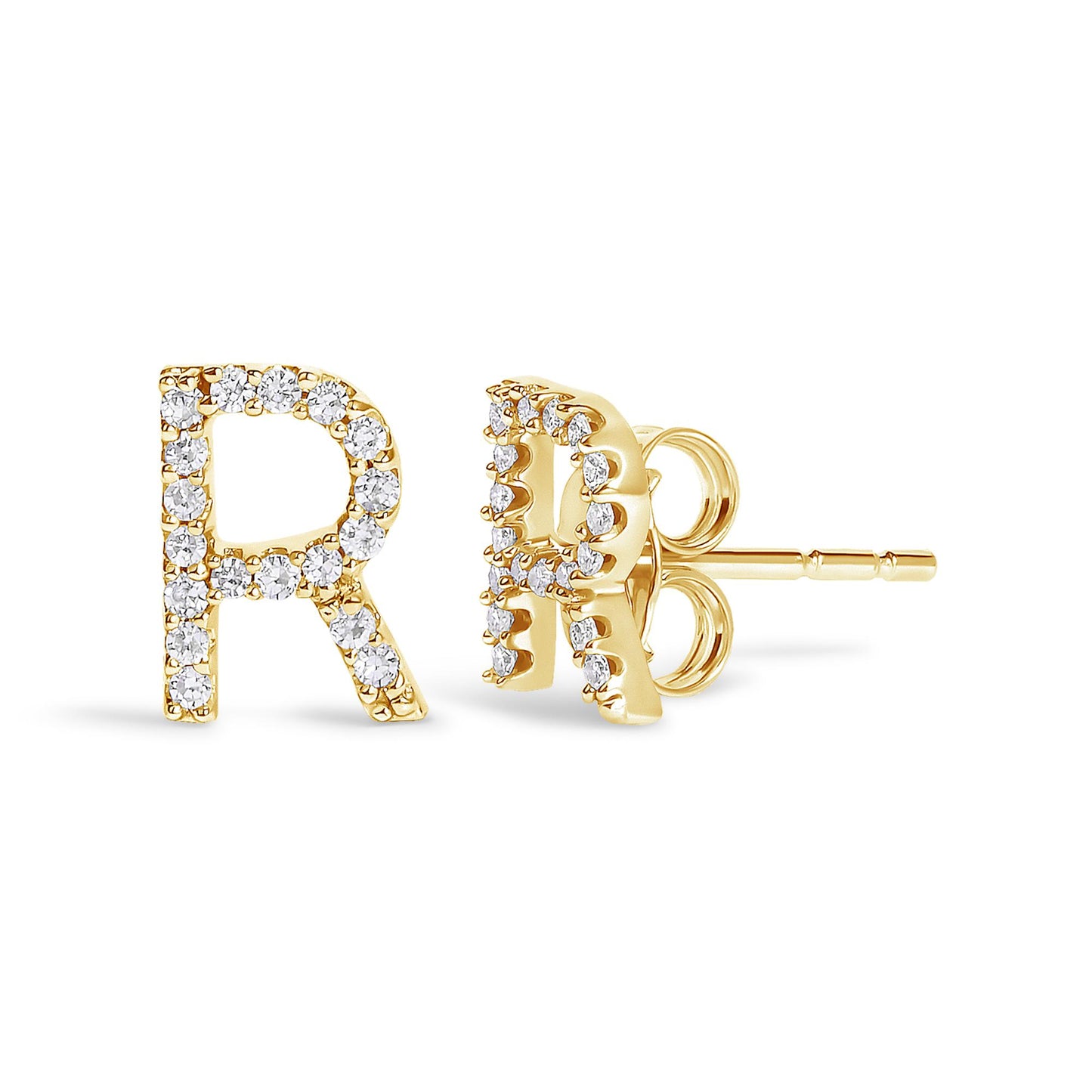 Close-up front and side view of yellow metal stud earrings shaped like the letter R, embellished with round white gemstones in a micro-pave setting.