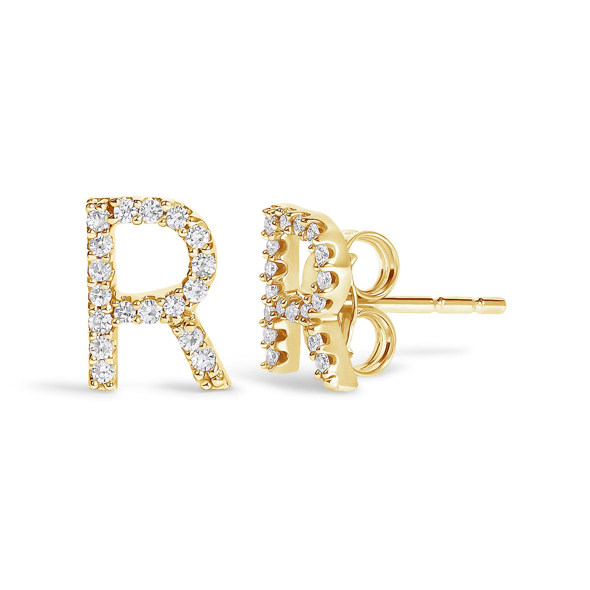 Close-up front and side view of yellow metal stud earrings shaped like the letter R, embellished with round white gemstones in a micro-pave setting.