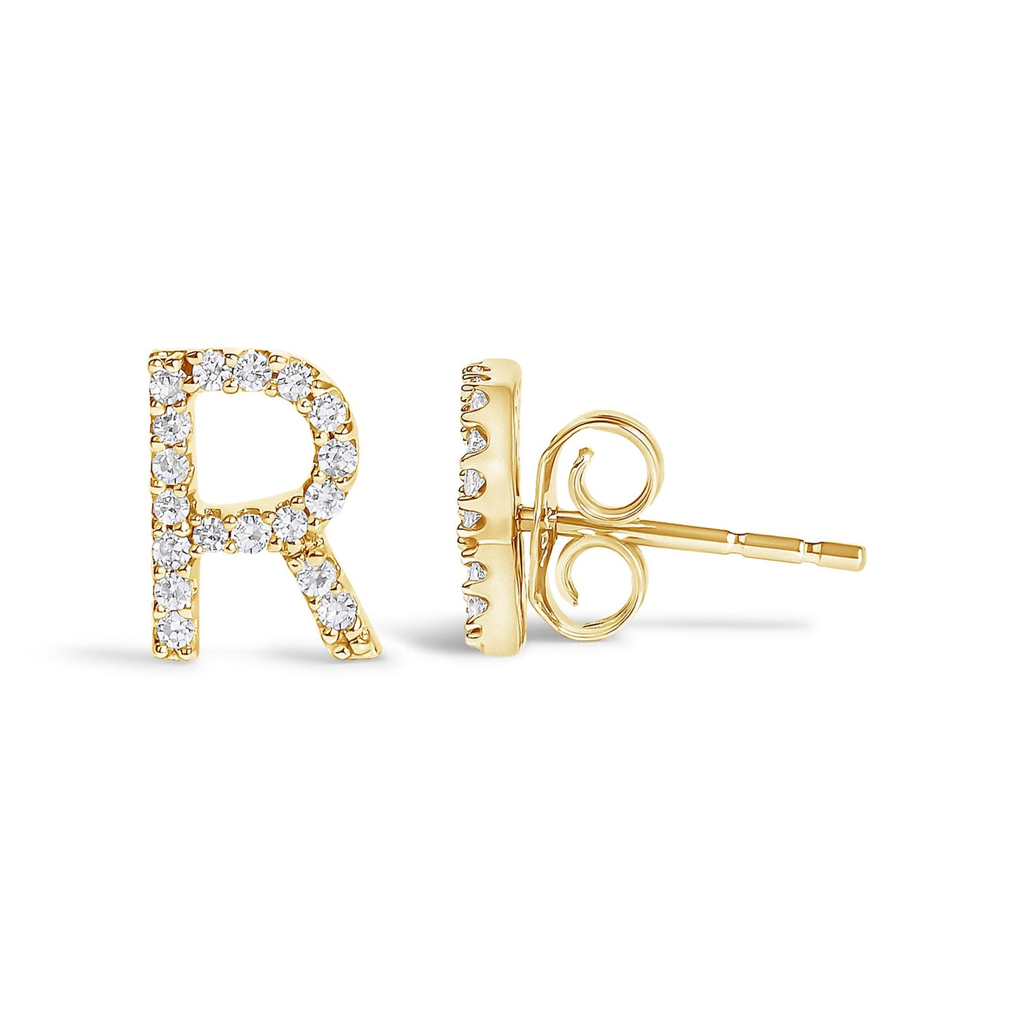 Close-up image of yellow metal stud earrings shaped as the letter R, decorated with round white gemstones in a micro-pave setting, shown from front and side angles.