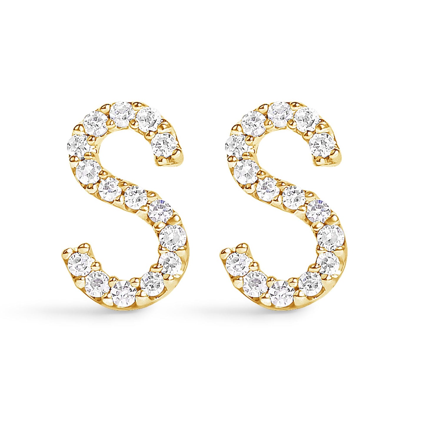 Front view of a pair of yellow metal earrings shaped like the letter 'S,' each adorned with multiple round white gemstones in a micro-pave setting.