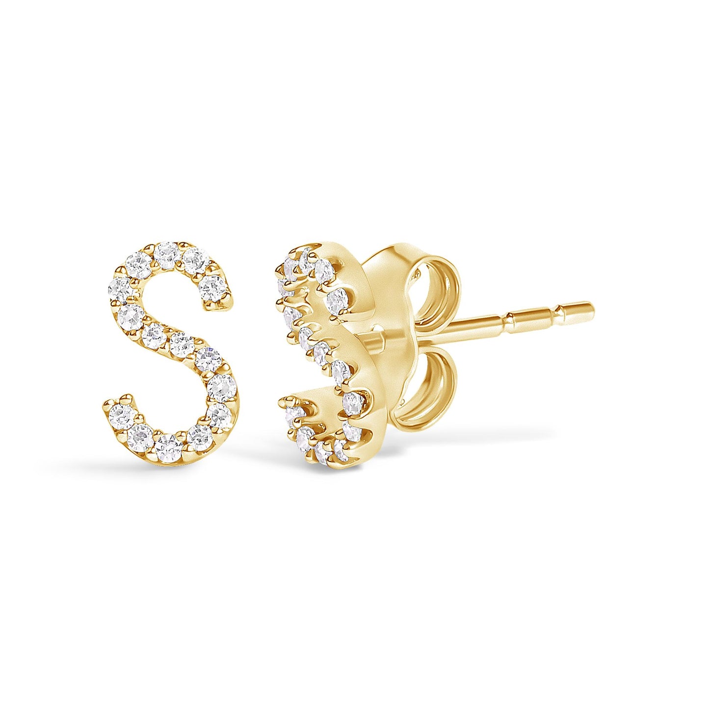 Close-up front and side view of yellow metal stud earrings shaped like the letter 'S,' each adorned with round white gemstones in a micro-pave setting.