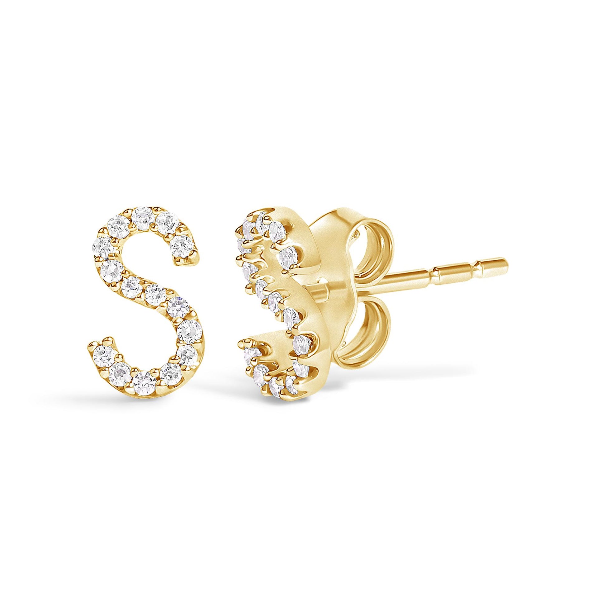Close-up front and side view of yellow metal stud earrings shaped like the letter 'S,' each adorned with round white gemstones in a micro-pave setting.