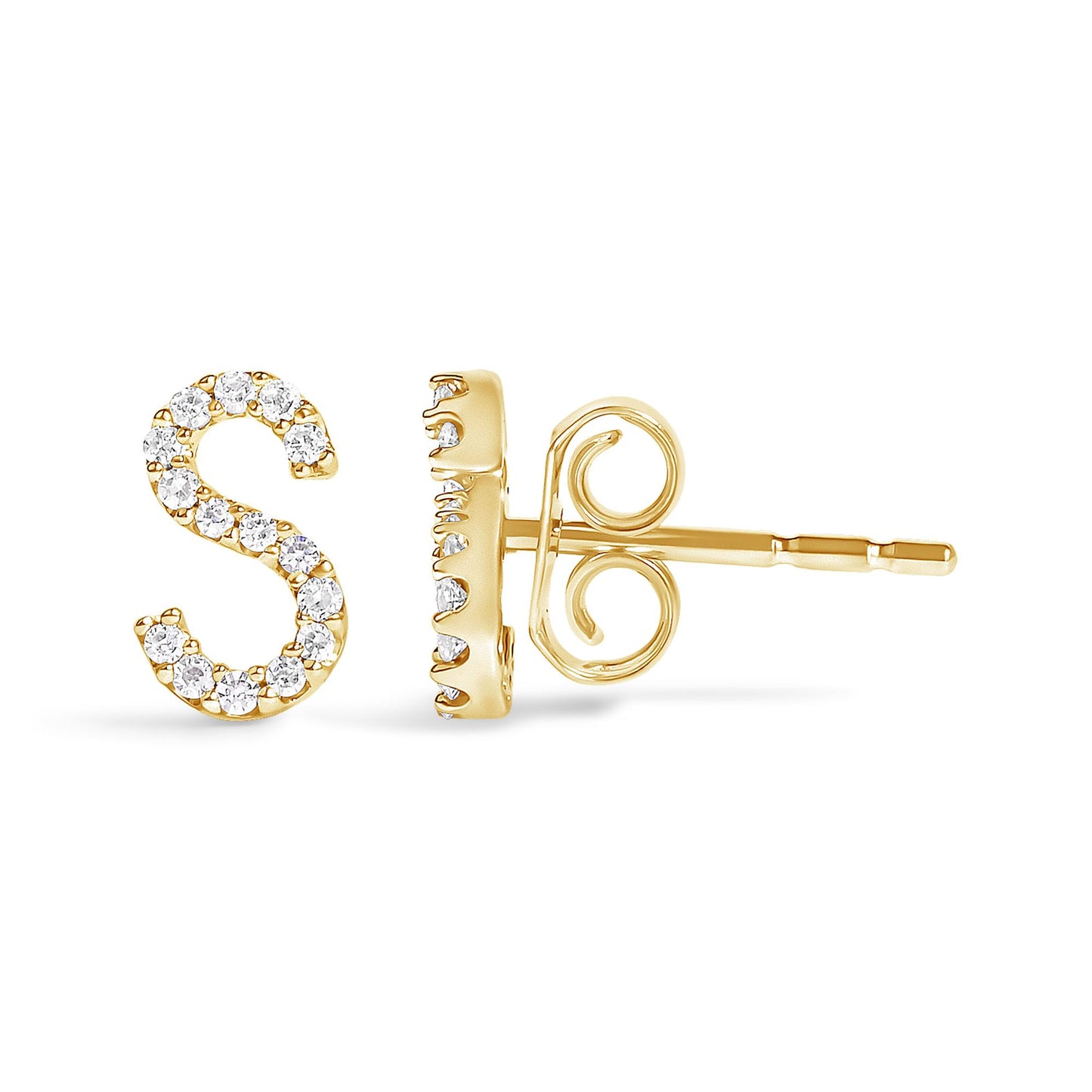Close-up front and side view of a yellow metal earring shaped like the letter S, adorned with small round white gemstones in a micro-pave setting.