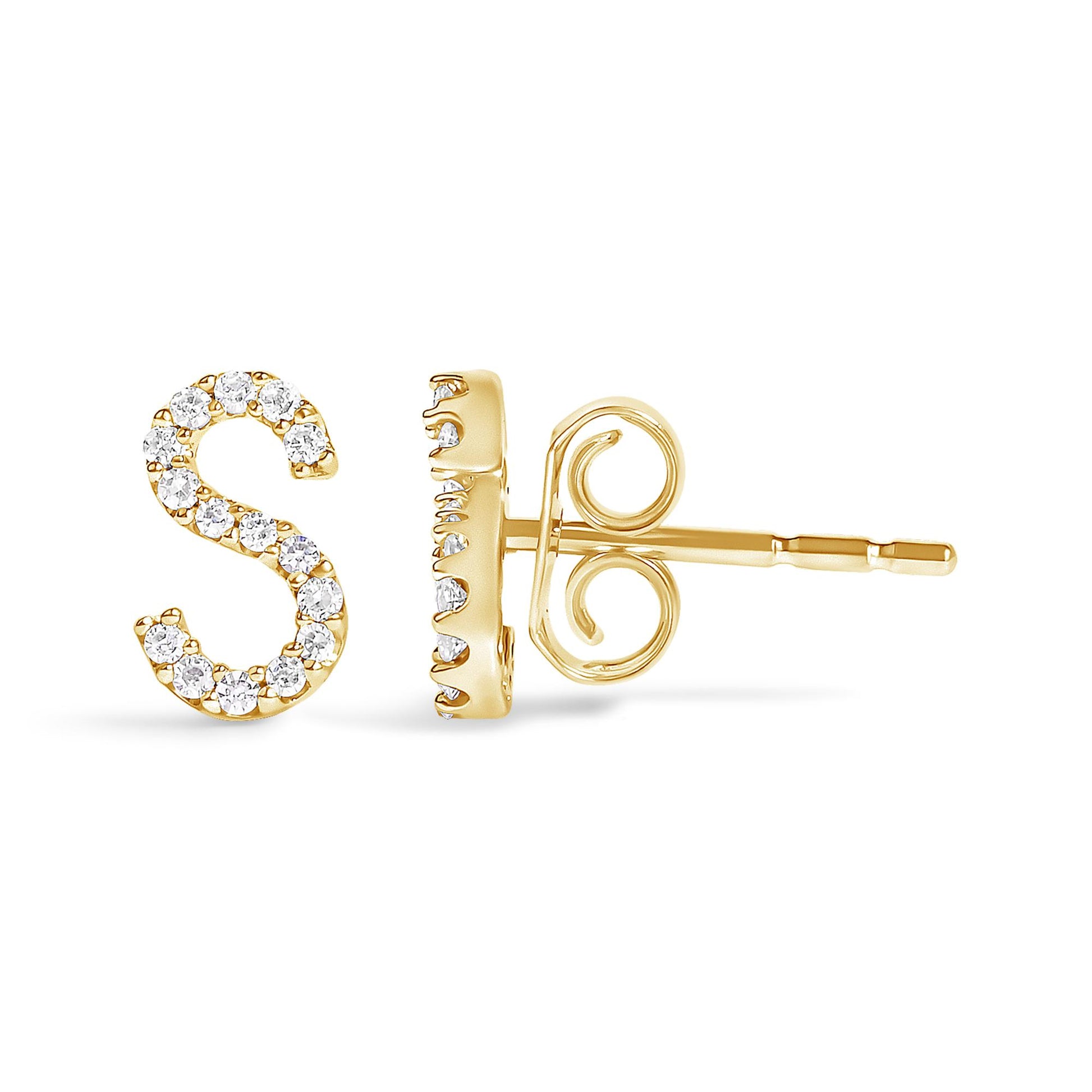 Close-up front and side view of a yellow metal earring shaped like the letter S, adorned with small round white gemstones in a micro-pave setting.