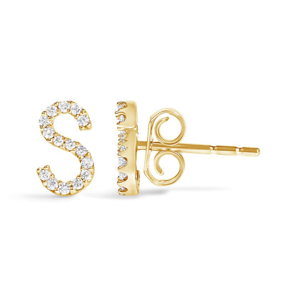 Close-up front and side view of a yellow metal earring shaped like the letter S, adorned with small round white gemstones in a micro-pave setting.