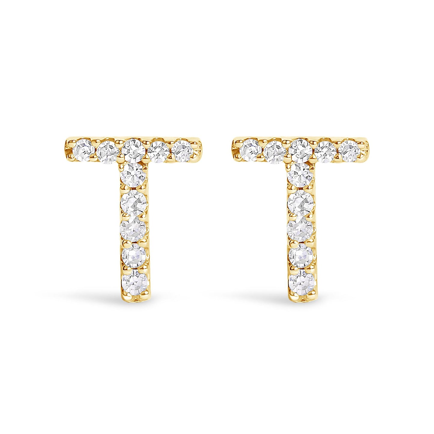 Front view of a pair of yellow earrings shaped like the letter T, each adorned with multiple round white gemstones in a micro-pave setting.