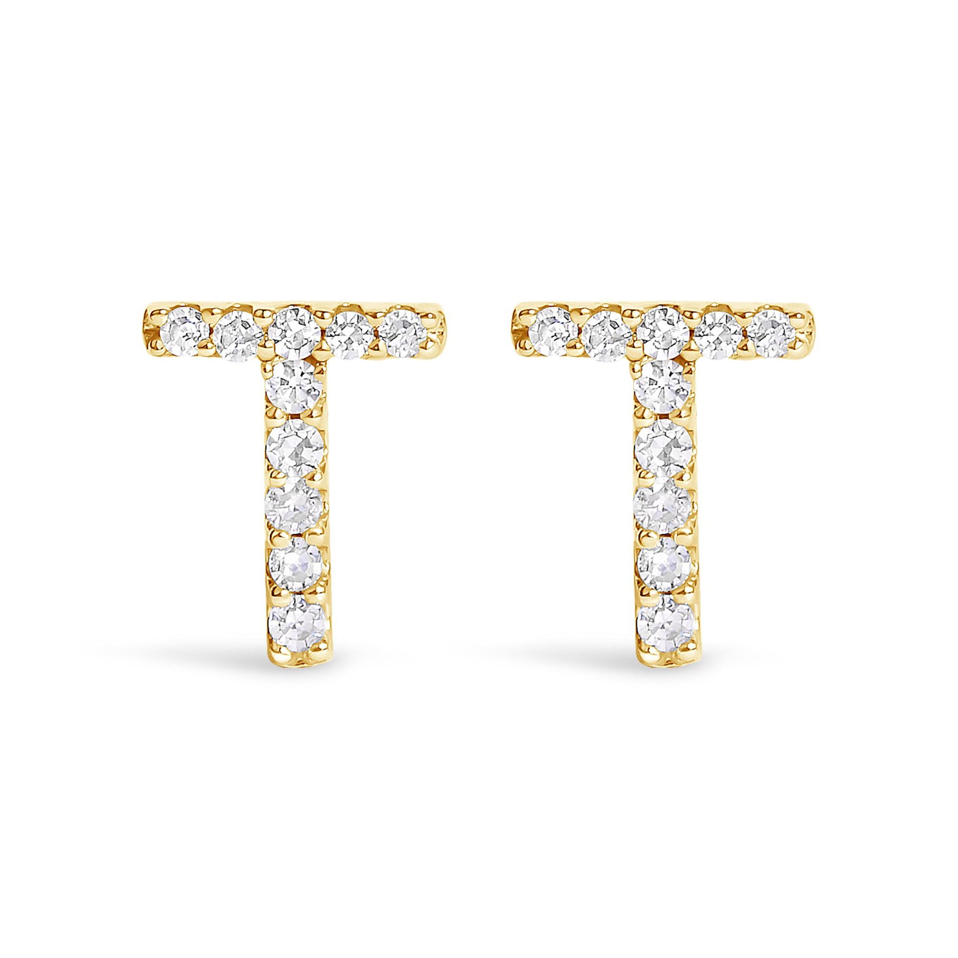 Front view of a pair of yellow earrings shaped like the letter T, each adorned with multiple round white gemstones in a micro-pave setting.