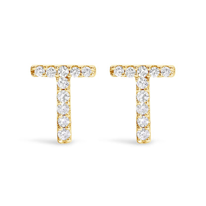 Front view of a pair of yellow earrings shaped like the letter T, each adorned with multiple round white gemstones in a micro-pave setting.