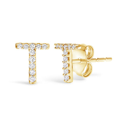 Pair of yellow metal T-shaped stud earrings with white round gemstones in a micro-pave setting, shown in a close-up front and side angle on a white background.