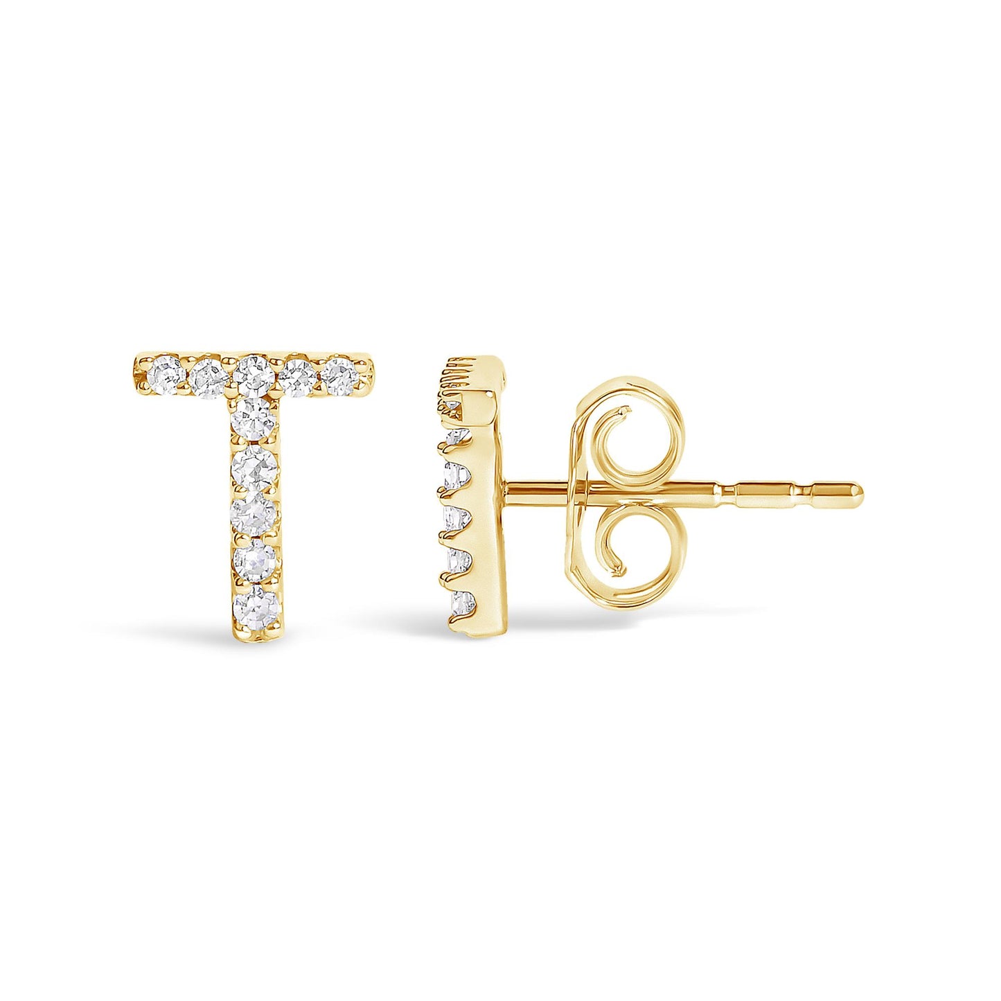 Close-up front and side angle of yellow metal stud earrings shaped like the letter T, decorated with round white gemstones in a micro-pave setting.